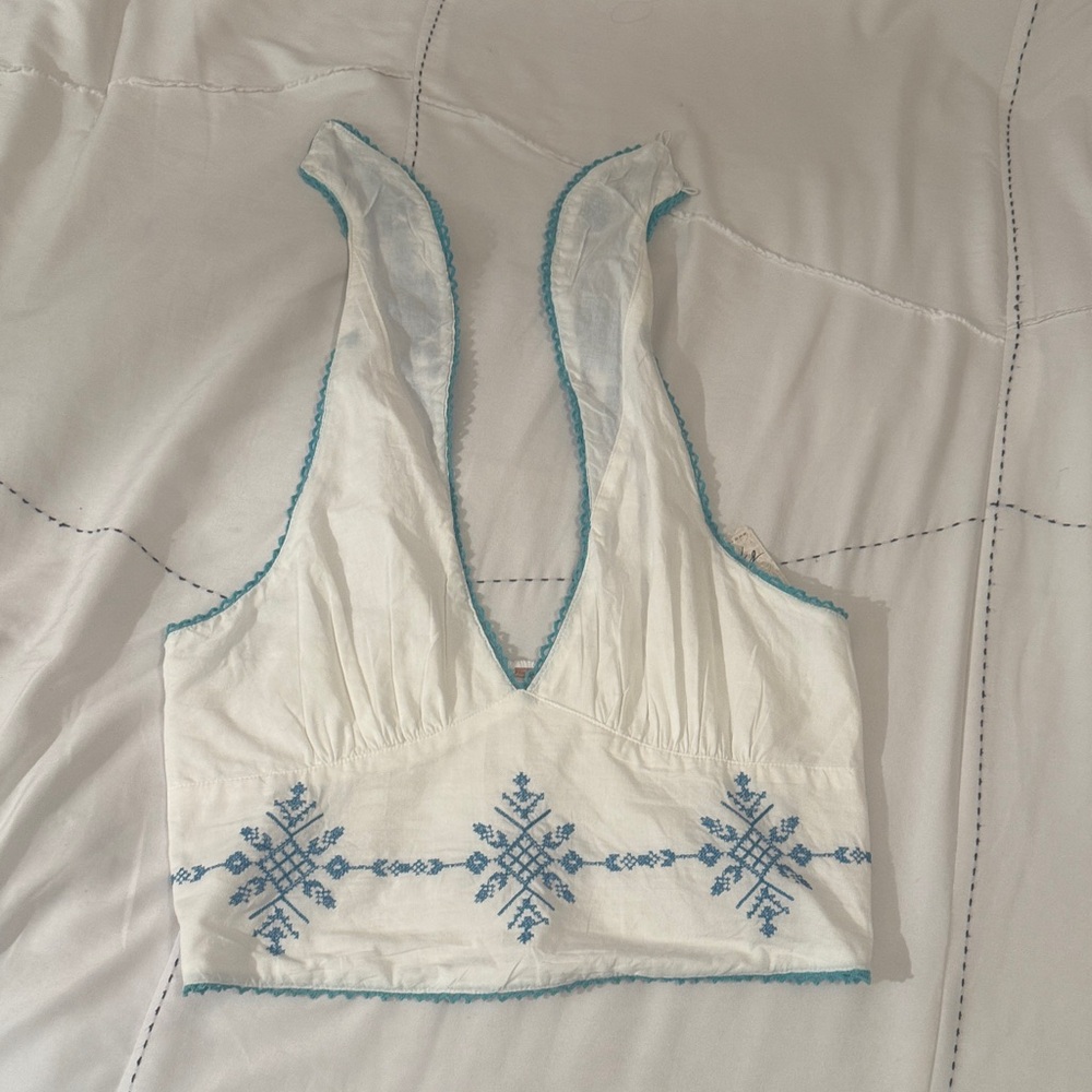 Free People White Camisole with Blue Embroidery